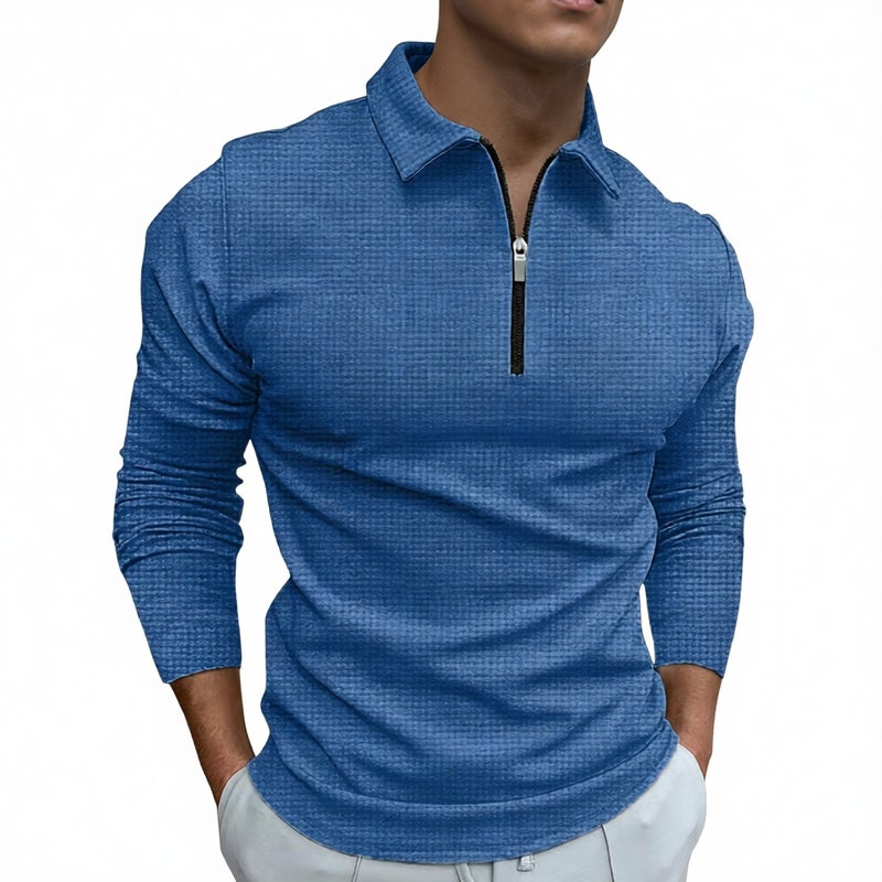 Men's Half Zip Waffle Knit Long Sleeve Polo Shirt with Turn-Down Collar - Image 2