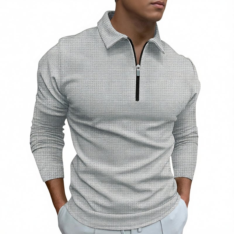 Men's Half Zip Waffle Knit Long Sleeve Polo Shirt with Turn-Down Collar - Image 4