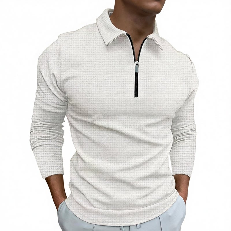 Men's Half Zip Waffle Knit Long Sleeve Polo Shirt with Turn-Down Collar - Image 3