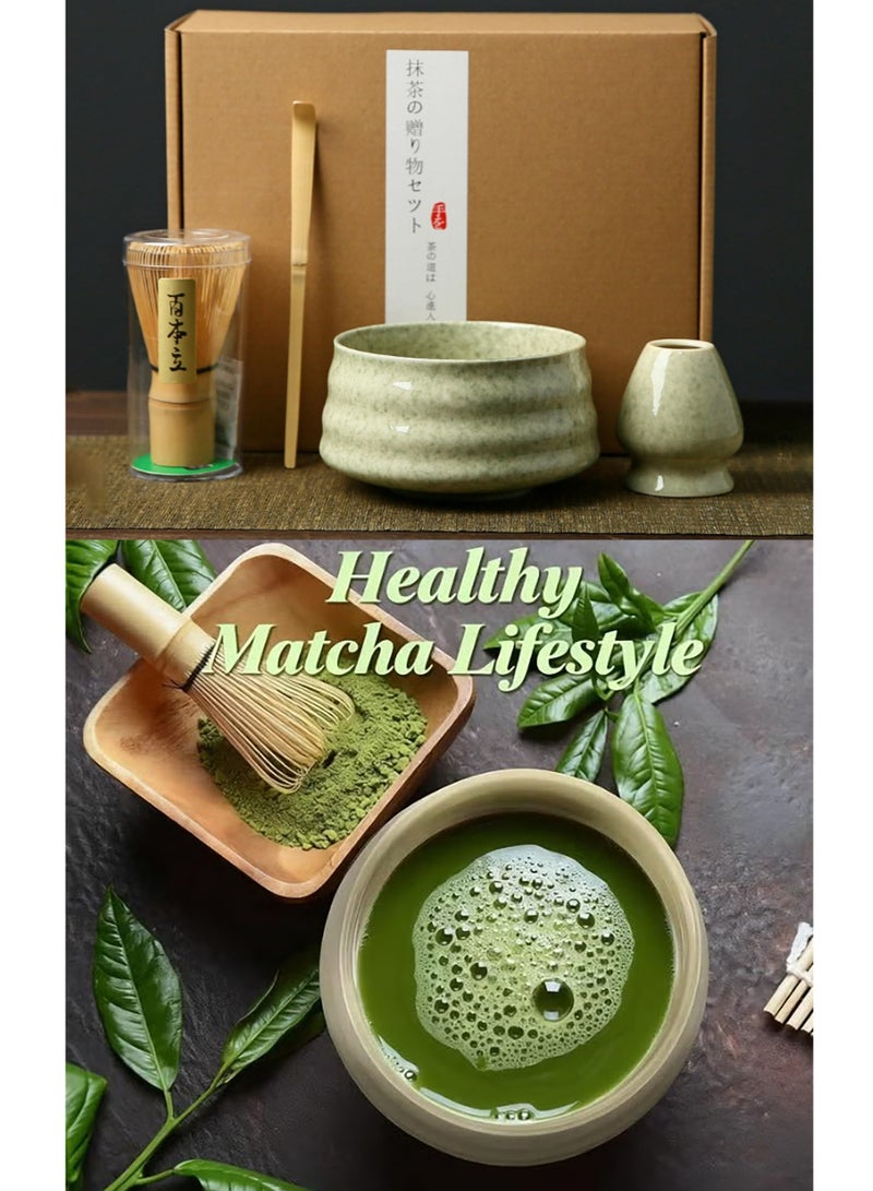 شاربدو طقم شاي ماتشا من 4 قطع، طقم خفاقة ماتشا يابانية، وعاء ماتشا سيراميكي، حامل خفاقة. يتكامل بشكل مثالي مع الملعقة التقليدية وأدوات الماتشا التقليدية لتحضير شاي ماتشا أخضر مثالي. - Image 1