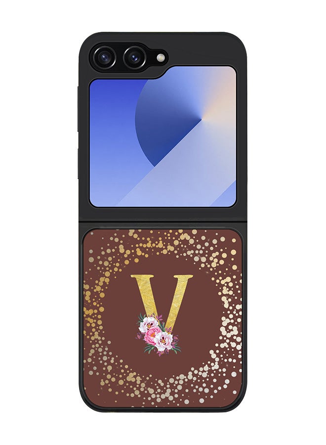 Stylizedd Rugged Black edge case for Samsung Galaxy Z Flip7 FE, Slim fit Case Flexible Cover - Custom Monogram Initial Letter Floral Pattern Alphabet - V (Brown ) - Image 1