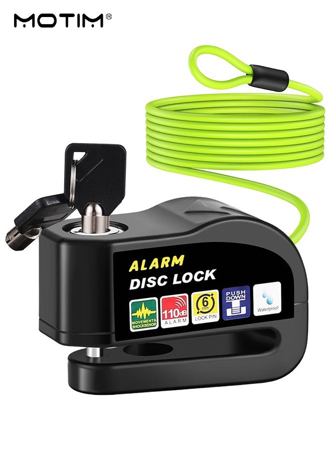 Motorcycle Alarm Lock Disc Brake Lock, 110dB Anti-Theft Security Wheel Disc Lock, Waterproof Alarm Sound with Reminder Cable 2Pcs Keys for Motorbike Bike Scooter