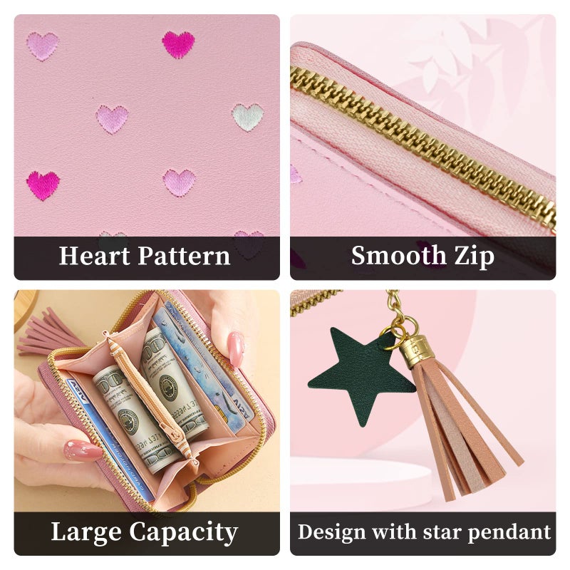 WisePoint Womens Wallet with Zipper, PU Leather Women's Wallet with Card Slots, Credit Card Holder Small Wallet with Heart-embroidery Cute Wallet with Star Tassels Pendant - Image 3