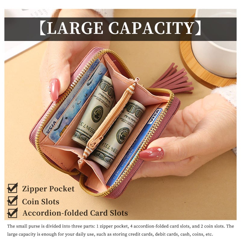 WisePoint Womens Wallet with Zipper, PU Leather Women's Wallet with Card Slots, Credit Card Holder Small Wallet with Heart-embroidery Cute Wallet with Star Tassels Pendant - Image 4