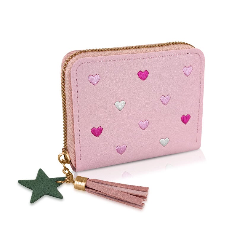 WisePoint Womens Wallet with Zipper, PU Leather Women's Wallet with Card Slots, Credit Card Holder Small Wallet with Heart-embroidery Cute Wallet with Star Tassels Pendant - Image 1