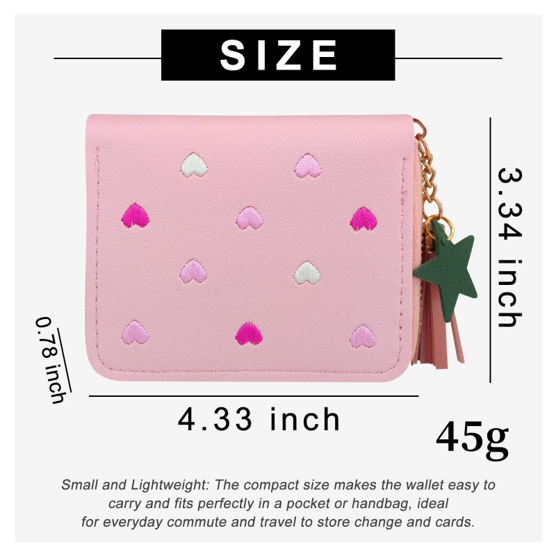WisePoint Womens Wallet with Zipper, PU Leather Women's Wallet with Card Slots, Credit Card Holder Small Wallet with Heart-embroidery Cute Wallet with Star Tassels Pendant - Image 2