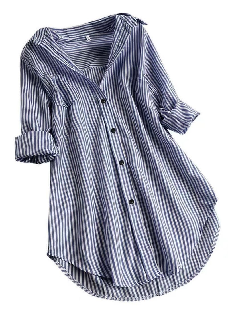 Loquat Women's Casual Loose Lapel Shirts Long Sleeves Blouses Tops Navy Blue/White Stripes  - Image 1