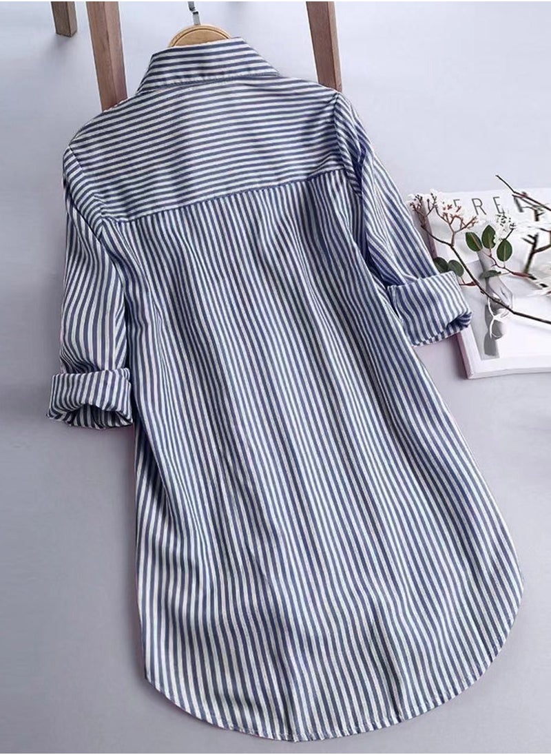 Loquat Women's Casual Loose Lapel Shirts Long Sleeves Blouses Tops Navy Blue/White Stripes  - Image 2