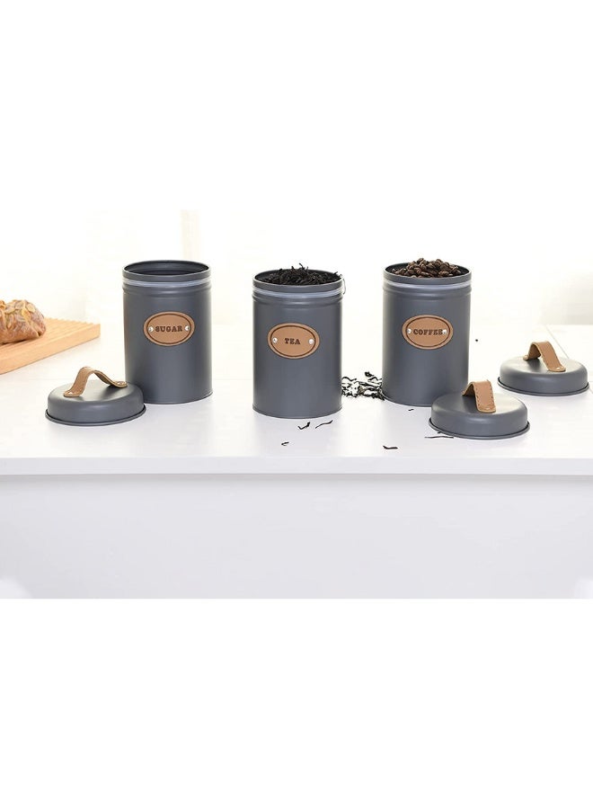 Set of 3 Metal Tea, Coffee, Sugar Storage Canisters with Airtight Lid and Leather Handle, Sugar Storage Container for Tea, Coffee, Sugar, Kitchen, Dining Room - Grey - Image 3