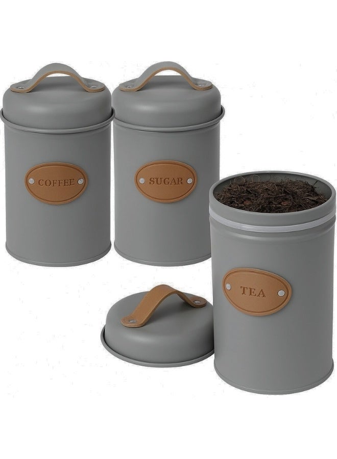 Set of 3 Metal Tea, Coffee, Sugar Storage Canisters with Airtight Lid and Leather Handle, Sugar Storage Container for Tea, Coffee, Sugar, Kitchen, Dining Room - Grey - Image 1
