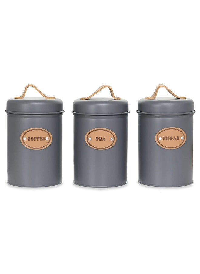 Set of 3 Metal Tea, Coffee, Sugar Storage Canisters with Airtight Lid and Leather Handle, Sugar Storage Container for Tea, Coffee, Sugar, Kitchen, Dining Room - Grey - Image 5