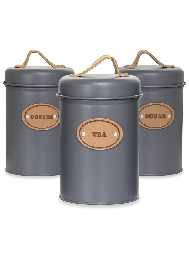 Set of 3 Metal Tea, Coffee, Sugar Storage Canisters with Airtight Lid and Leather Handle, Sugar Storage Container for Tea, Coffee, Sugar, Kitchen, Dining Room - Grey - Image 2