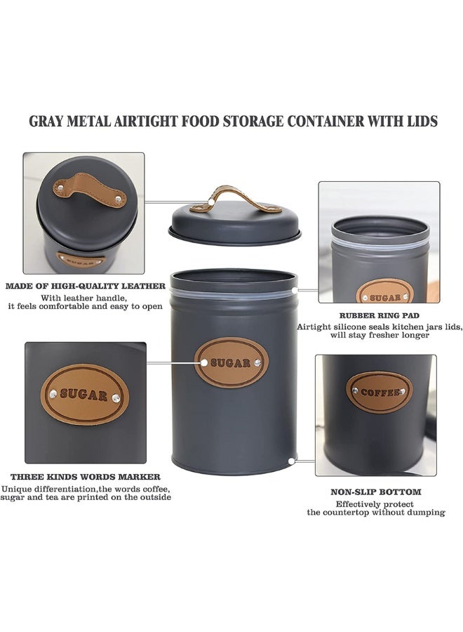 Set of 3 Metal Tea, Coffee, Sugar Storage Canisters with Airtight Lid and Leather Handle, Sugar Storage Container for Tea, Coffee, Sugar, Kitchen, Dining Room - Grey - Image 4