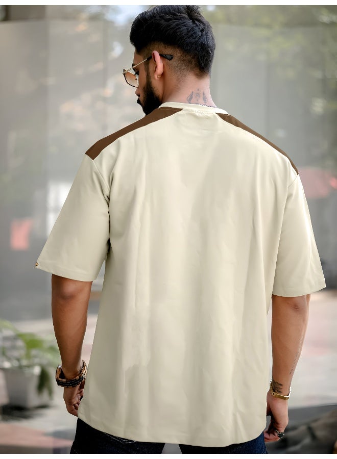 Maniac Mens Printed Round Neck 3/4th Sleeve Beige and Brown Cotton T-Shirt - Image 4