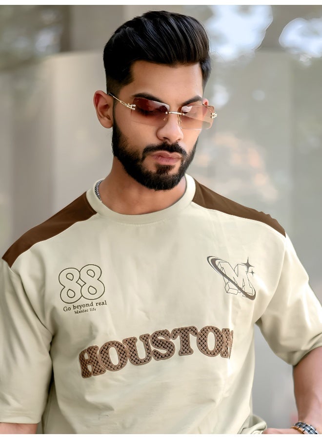 Maniac Mens Printed Round Neck 3/4th Sleeve Beige and Brown Cotton T-Shirt - Image 1