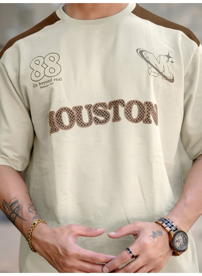 Maniac Mens Printed Round Neck 3/4th Sleeve Beige and Brown Cotton T-Shirt - Image 5