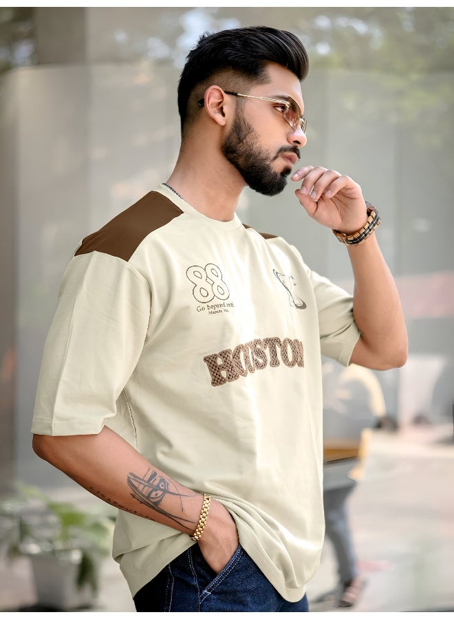 Maniac Mens Printed Round Neck 3/4th Sleeve Beige and Brown Cotton T-Shirt - Image 2