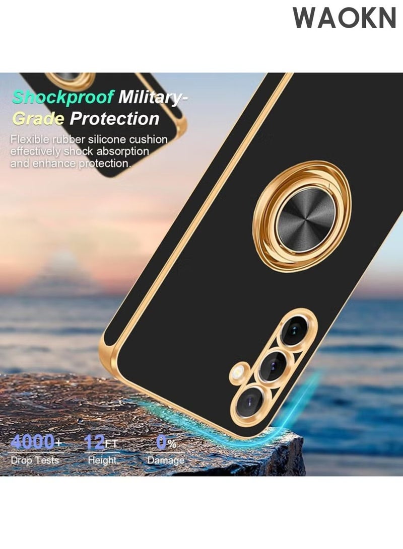 WAOKN Samsung Galaxy A16 5G Case with Ring Stand,360°Rotatable Ring Holder Magnetic Kickstand Shiny Plating Gold Edge Slim Fit Soft TPU Shockproof Protective Cover Case for Women Men Boys,Shock resistant, heat dissipating, wear-resistant, and drop resistant,Black. - Image 2