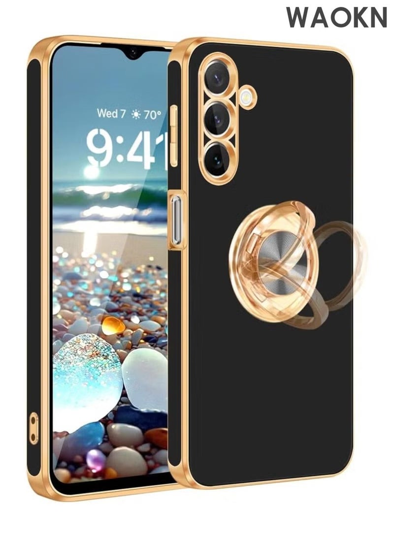 WAOKN Samsung Galaxy A16 5G Case with Ring Stand,360°Rotatable Ring Holder Magnetic Kickstand Shiny Plating Gold Edge Slim Fit Soft TPU Shockproof Protective Cover Case for Women Men Boys,Shock resistant, heat dissipating, wear-resistant, and drop resistant,Black. - Image 1