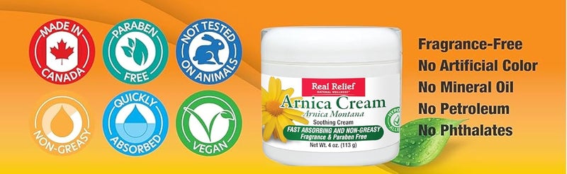 Real Relief كريم الأرنيكا، طبيعي، مهدئ، غير دهني وبدون عطر لتخفيف الألم، 4 أونصة (عبوة من 1) - Image 3