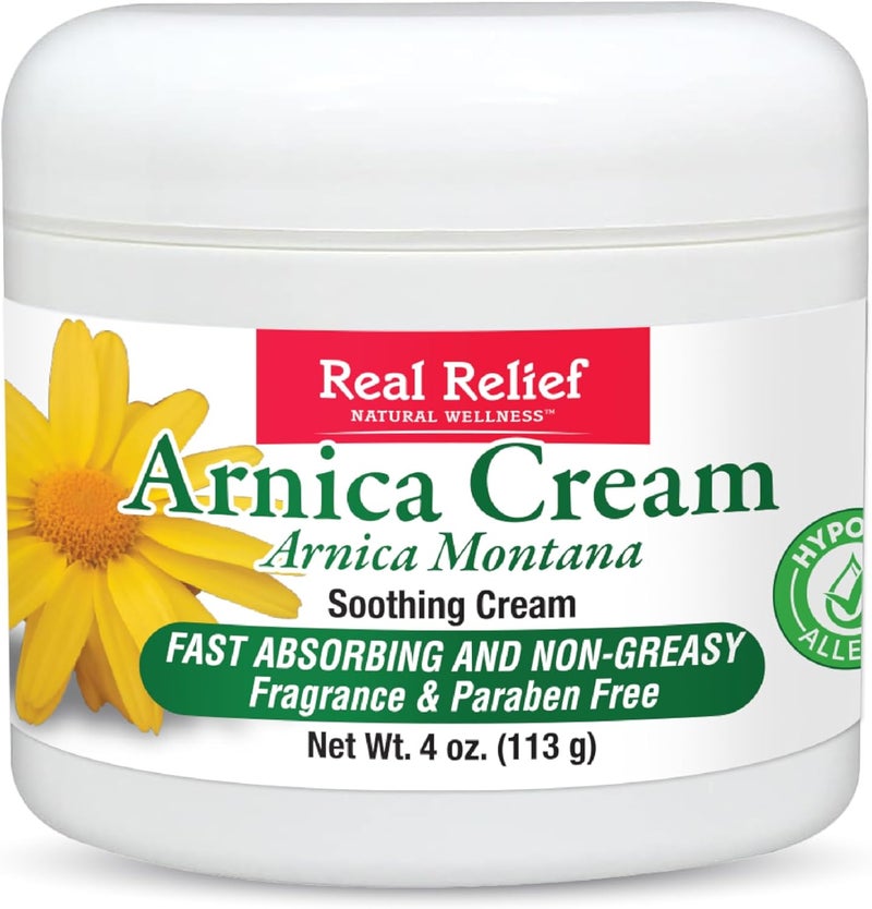 Real Relief كريم الأرنيكا، طبيعي، مهدئ، غير دهني وبدون عطر لتخفيف الألم، 4 أونصة (عبوة من 1) - Image 1