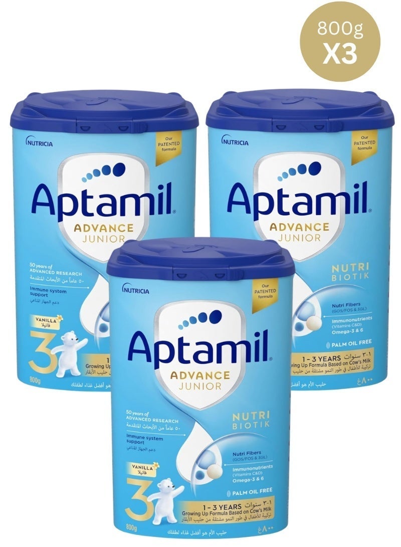 ابتاميل Aptamil Advance Junior 3 Growing Up Formula Milk From 1-3 Years, Easy To Use Pack, 800g - Pack of 3 800grams Pack of 3 - Image 1