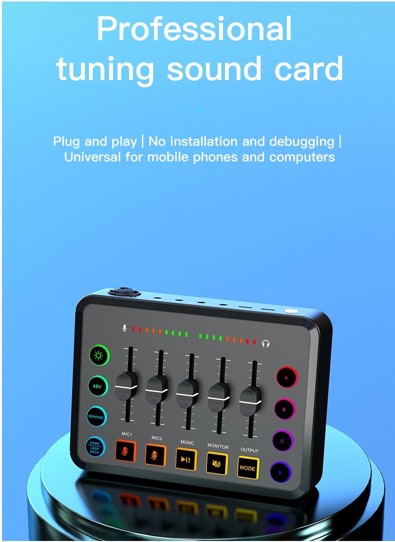 HD Gaming Audio Mixer Rechargeable Audio Interface RGB Mixer with XLR Mic Interface 48V Phantom Power for Podcast/Recording