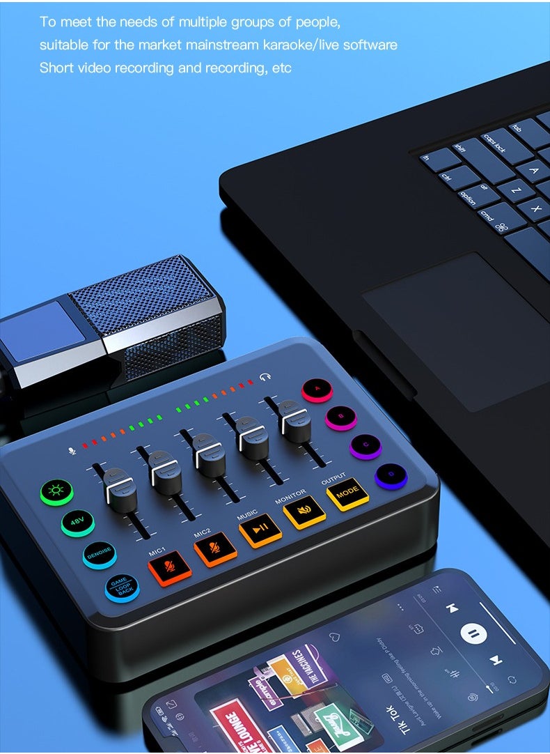 HD Gaming Audio Mixer Rechargeable Audio Interface RGB Mixer with XLR Mic Interface 48V Phantom Power for Podcast/Recording