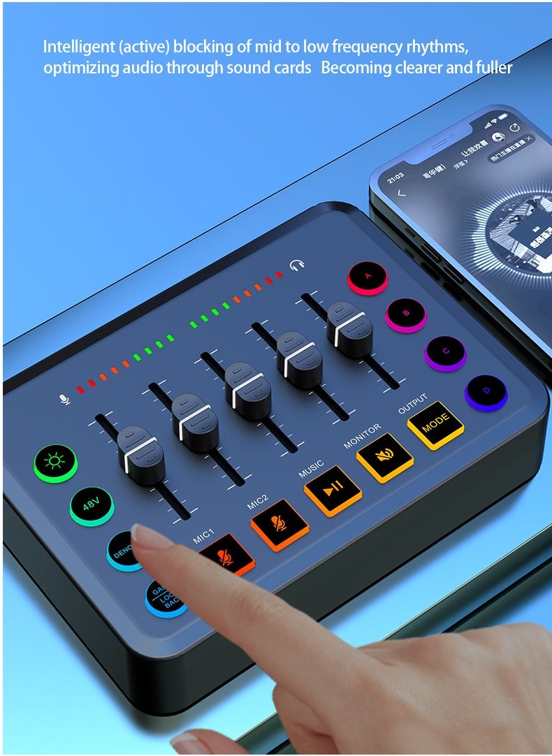 HD Gaming Audio Mixer Rechargeable Audio Interface RGB Mixer with XLR Mic Interface 48V Phantom Power for Podcast/Recording