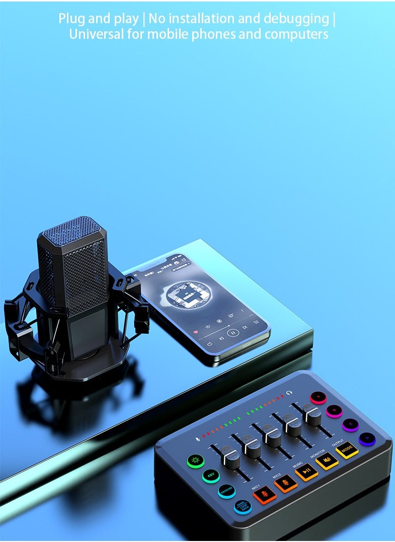 HD Gaming Audio Mixer Rechargeable Audio Interface RGB Mixer with XLR Mic Interface 48V Phantom Power for Podcast/Recording