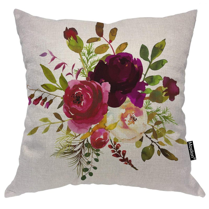 Moslion Floral Pillows Watercolor Boho Burgundy Red White Rose Flower Green Leaf Throw Pillow Cover Decorative Pillow Case Square Cushion Accent Cotton Linen Home 18x18 Inch
