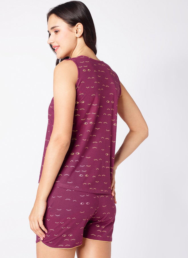 beebelle Burgundy & Yellow Graphic Printed Sleeveless Night Suit - Image 5