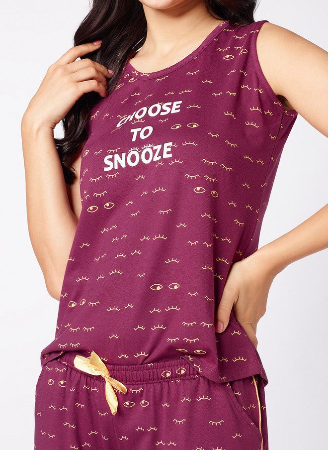 beebelle Burgundy & Yellow Graphic Printed Sleeveless Night Suit - Image 3