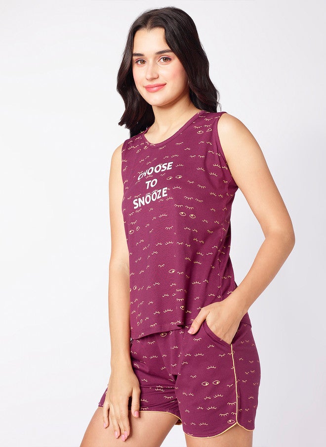 beebelle Burgundy & Yellow Graphic Printed Sleeveless Night Suit - Image 4