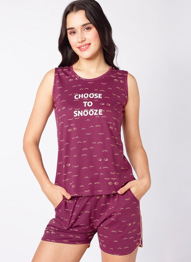 beebelle Burgundy & Yellow Graphic Printed Sleeveless Night Suit - Image 2