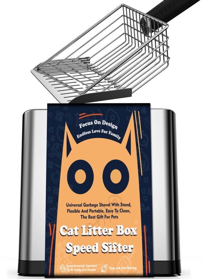 UNISOLODECHO Heavy Duty Stainless Steel Cat Litter Scoop with Holder - Non-Slip Handle, Quick-Sifting Grid & Easy to Clean - Image 1