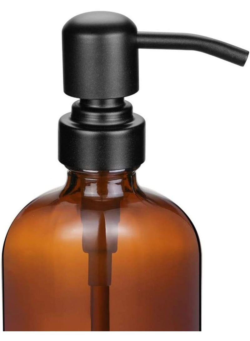 QUESERA 2 Pack Thick Amber Glass Pint Jar Soap Dispenser with Matte Black Stainless Steel Pump Boston Round Dispenser with Rustproof Pump for Essential Oil Lotion Soap  - Image 2