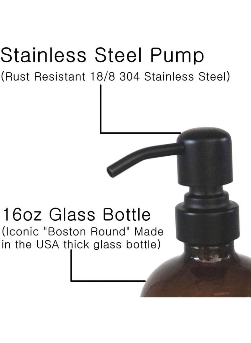 QUESERA 2 Pack Thick Amber Glass Pint Jar Soap Dispenser with Matte Black Stainless Steel Pump Boston Round Dispenser with Rustproof Pump for Essential Oil Lotion Soap  - Image 4