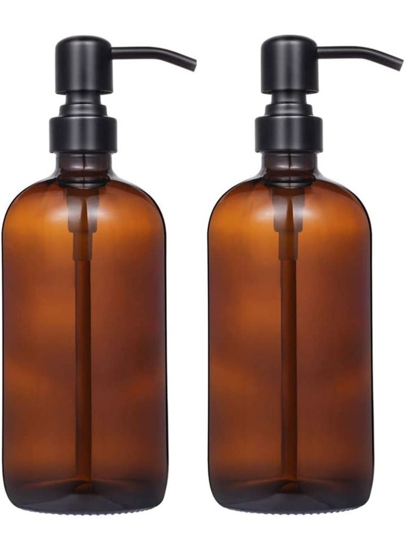 QUESERA 2 Pack Thick Amber Glass Pint Jar Soap Dispenser with Matte Black Stainless Steel Pump Boston Round Dispenser with Rustproof Pump for Essential Oil Lotion Soap  - Image 1