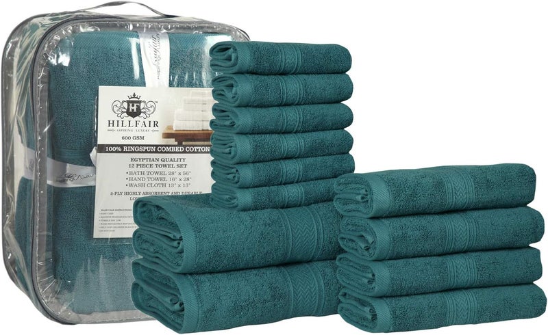 HILLFAIR 12-Piece 600 GSM Cotton Bath Towel Set - Hotel Spa Towels: 2 Bath, 4 Hand, 6 Washcloths - Absorbent, Super Soft - Teal - Image 3