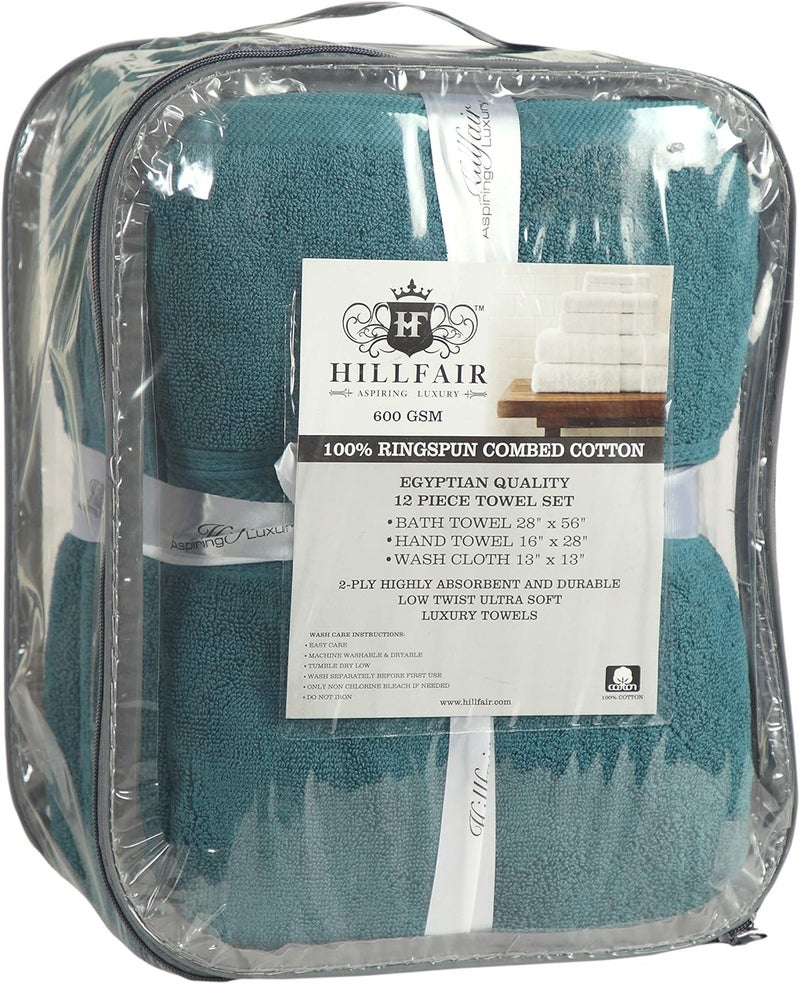 HILLFAIR 12-Piece 600 GSM Cotton Bath Towel Set - Hotel Spa Towels: 2 Bath, 4 Hand, 6 Washcloths - Absorbent, Super Soft - Teal - Image 5