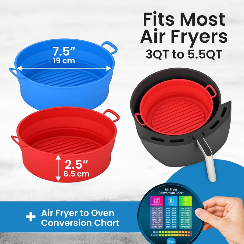 LOTTELI KITCHEN Collapsible Silicone Air Fryer Basket Liners Pot - AirFryer Liners Reusable Bowls for 3 to 5 qt As Seen on the Today Show - Air Fryer Accessories 2 Pack - Round Silicone Liners (Red & Blue) - Image 2