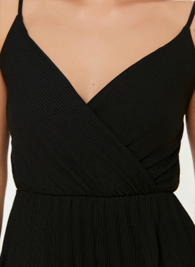trendyol Black Waist Opening Midi Double Breasted Pleated Adjustable Strap Flexible Knit Dress - Image 3