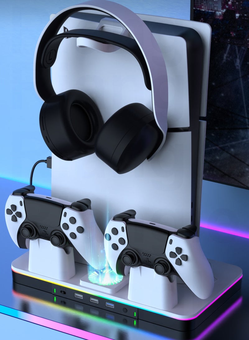 PS5 Charging Dock, Compatible with PS5/Pro/Slim Organizing Stand with Cooling Fan, RGB Lighting, Dual Controller Charger, USB Hub, and Headset Holder - Image 1