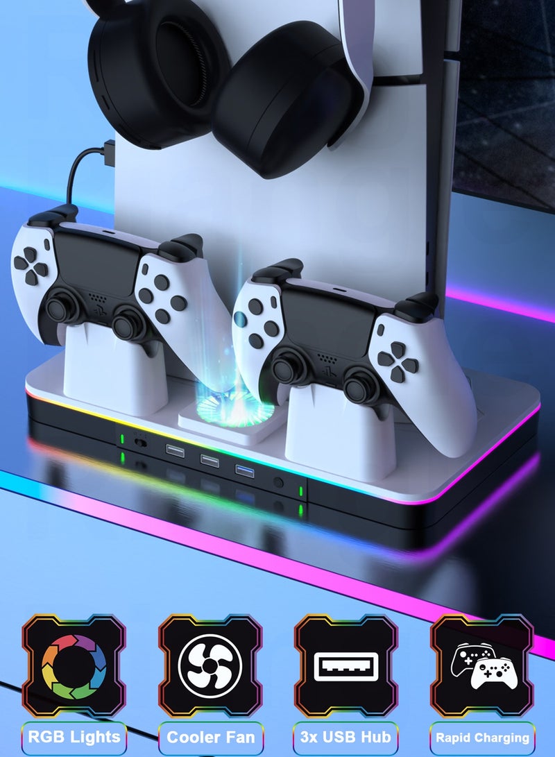 PS5 Charging Dock, Compatible with PS5/Pro/Slim Organizing Stand with Cooling Fan, RGB Lighting, Dual Controller Charger, USB Hub, and Headset Holder - Image 2