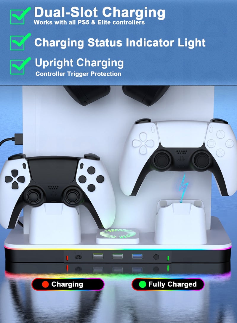 PS5 Charging Dock, Compatible with PS5/Pro/Slim Organizing Stand with Cooling Fan, RGB Lighting, Dual Controller Charger, USB Hub, and Headset Holder - Image 3