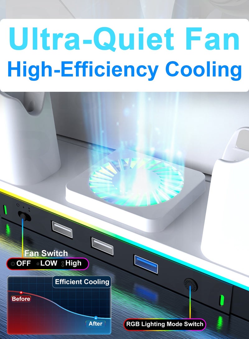 PS5 Charging Dock, Compatible with PS5/Pro/Slim Organizing Stand with Cooling Fan, RGB Lighting, Dual Controller Charger, USB Hub, and Headset Holder - Image 4