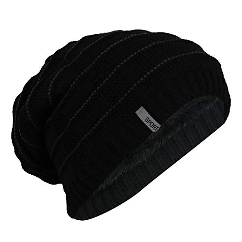 iSWEVEN Mens Womens Hat Beanie Cap, Unisex Winter Warm Knitted Hats, Fleece Lining Slouch Skull Beanies Caps for Men Women (4082A, Black) - Image 2