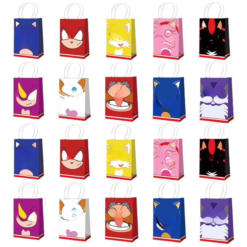 Treayes 20pcs Birthday Decorations Gift Box, Cute Double Side Paper Goodie Bags with Handle, H-edgeh0g Styles Party Favor Paper Candy