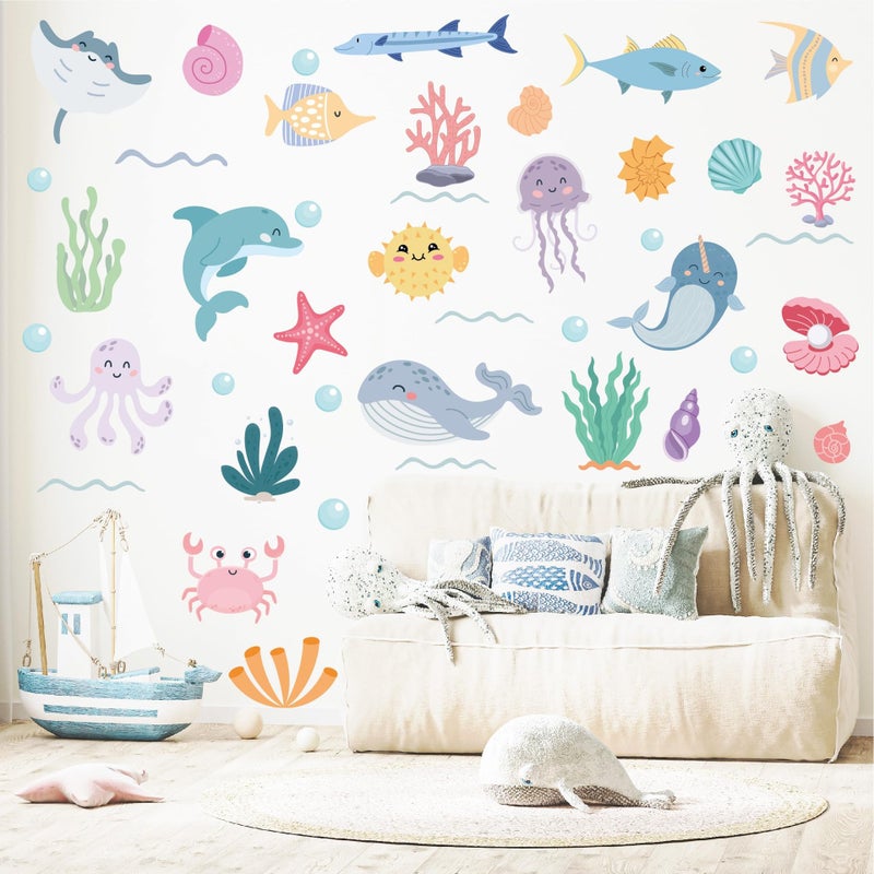 AOWDIAO 58 Pcs Ocean Animals Wall Decals - Peel and Stick Under The Sea Kidsâ€™ Room & Nursery Decor - Image 1